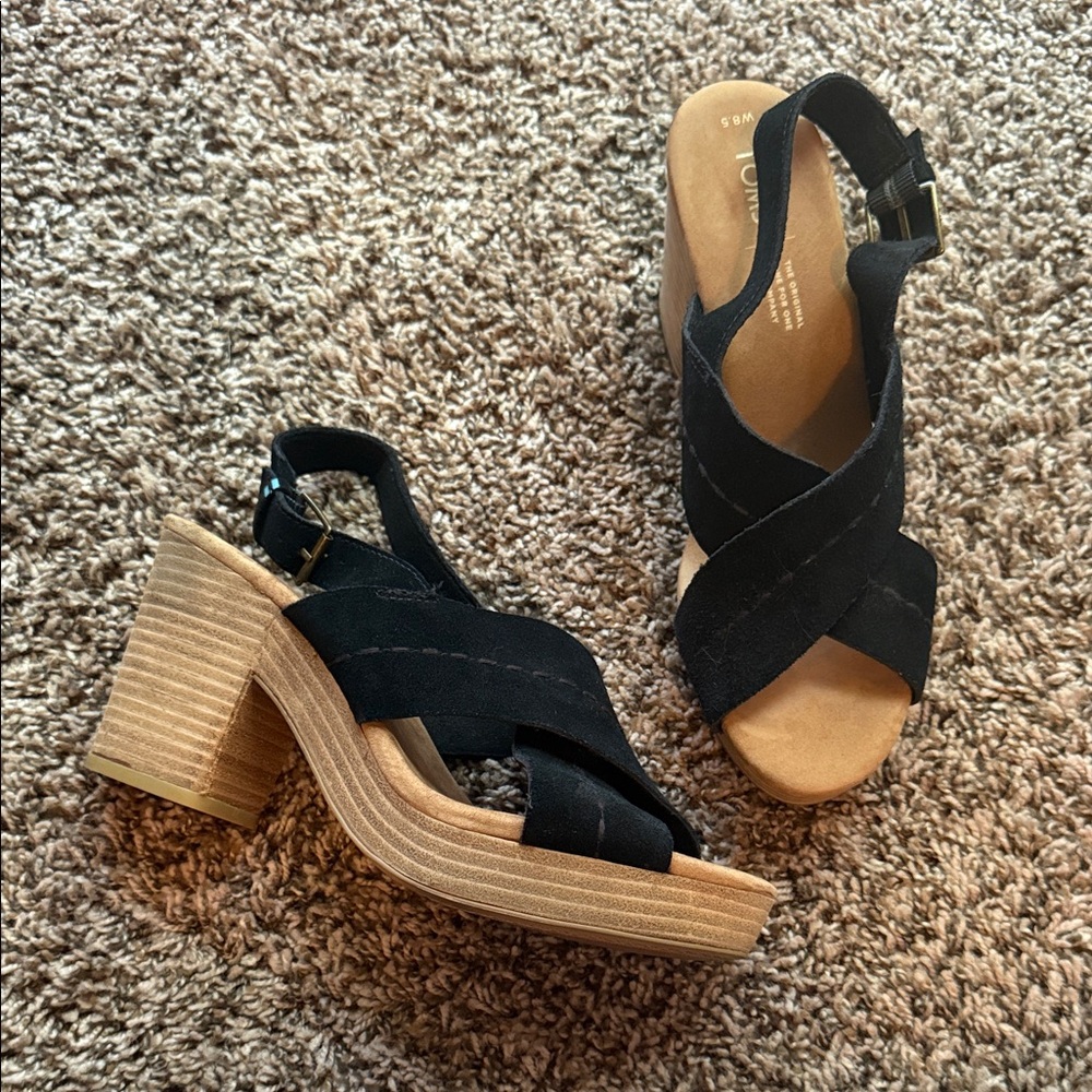 Toms Black Suede Crossover Slingback Block Heel Sandals